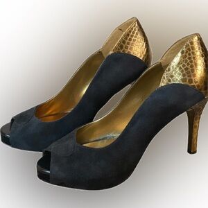 Guess Black Suede and Gold Peep-Toe Heels